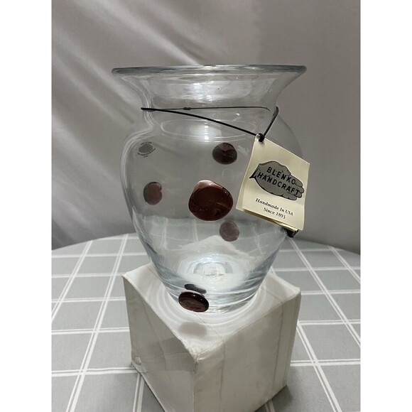 Vtg Blenko Handcrafted Clear Glass Vase 8”h w/Applied Purple Dots Original Tag - Picture 1 of 8